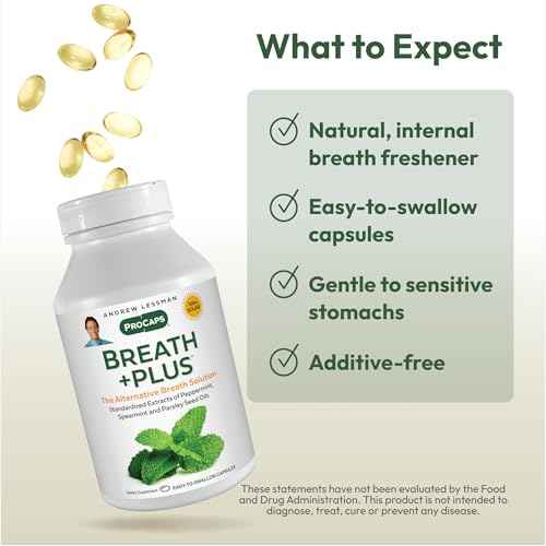 ANDREW LESSMAN Breath Plus 360 Softgels - Natural Breath Freshener, Helps Eliminate Odors from Food, Smoking, Morning Breath from The Inside Out. Peppermint, Spearmint. Easy to Swallow Softgels