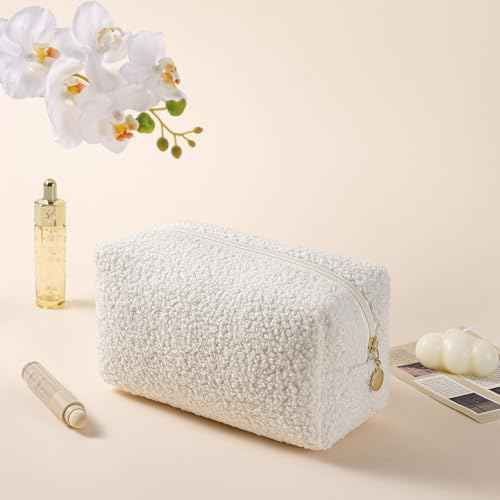JOVAKIT Travel Makeup Bag Cosmetic Bag for Women, Fashion Christmas Gifts, Plush Zipper Make Up Pouch, Large Capacity Toiletry Organizer Makeup, Portable Storage Bag Trendy Stuff (White)