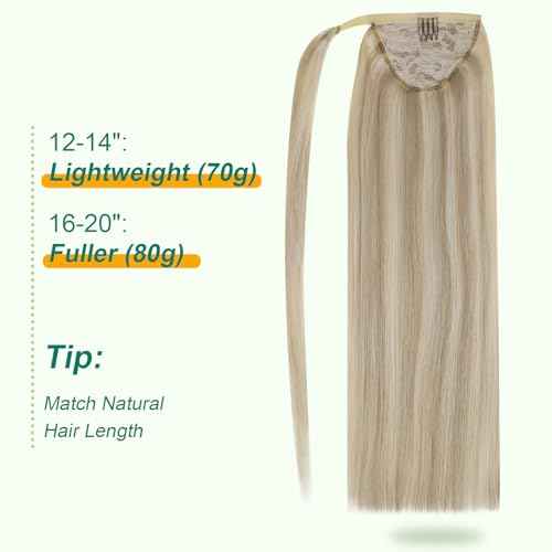 Easyouth Ponytail Extension Human Hair Blonde Pony Tails Hair Extensions Golden Blonde Highlighted Blond Wrap Around Ponytail Extensions for Women 12 Inch 70g