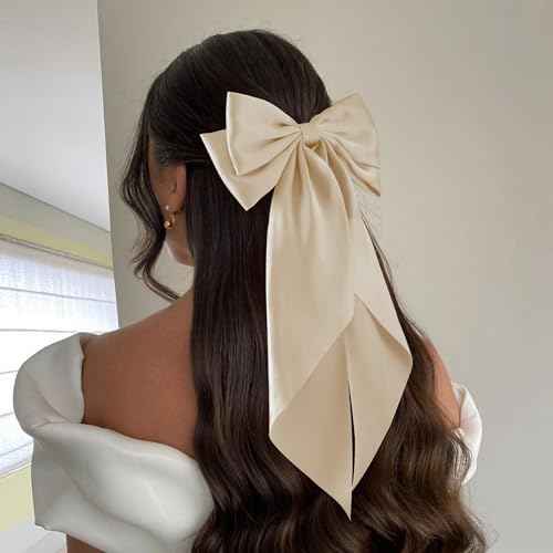 6Pcs Large Bows Hair Clips for Women Girls Long Tail Hair Ribbon Silky Satin Barrettes Coquette Bows Accessories (Black/khaki/Brown/White)
