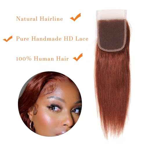 ijoy Human Hair Bundles with Closure Straight 12 14 16 +C12 Inch Brazilian Reddish Brown 3 Bundles with 4x4 HD Lace Closure Free Part 33# Color