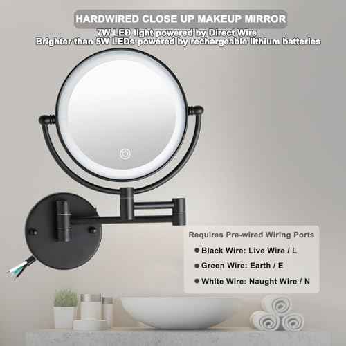 8" Wall Mounted Lighted Makeup Vanity Mirror with 3 Color Lights Stepless Dimming, 1X/10X Magnifying LED 2-Sided Bathroom Touch Sensor Extendable Arm 360 Swivel Shaving Mirror Hardwired, Matte Black