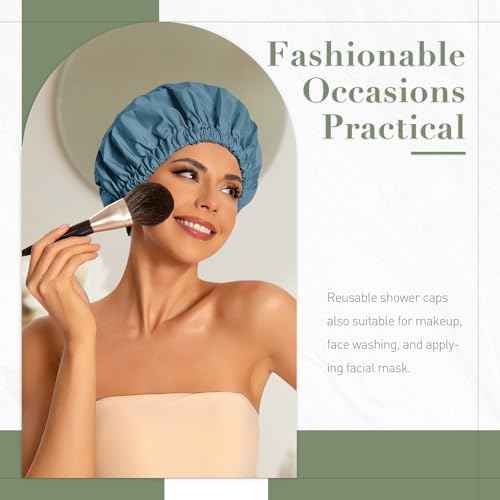Reusable Shower Cap for Women, Large Waterproof Shower Essentials Bonnet Washable Elastic Band Bath Hair Wrap Hat for Long Hair, Braids(Haze Blue)