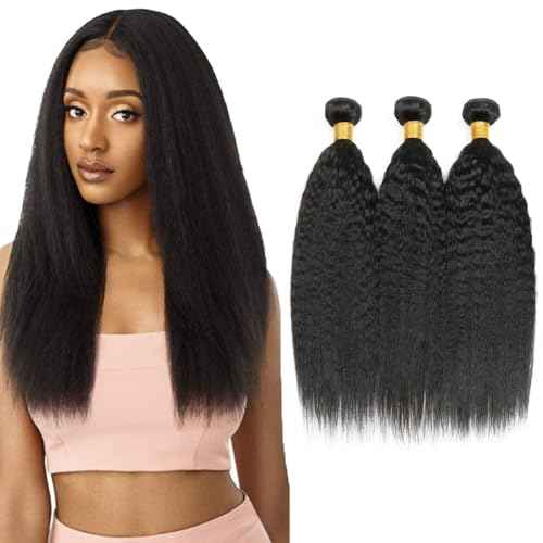 Human Hair Bundles Yaki Straight Bundles 22 24 26 Inch #1B Natural Color Kinky Straight Human Hair Extensions Double Weft Unprocessed Brazilian Virgin Hair 3 Bundle 50 Grams Per Bundle