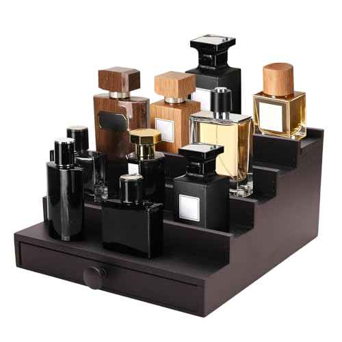 5 Tier Cologne Organizer for Men - Wooden Black Cologne Perfume Display Stand with Drawer and Hidden Compartment, Mens Cologne Holder Shelf for Organizing and Storing