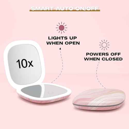 Lighted Makeup Compact Mirror, 3.9 Inch ? 1x/10x Magnification Portable, LED ? Auto Light On/Off - USB Charging, (Blush Marble)