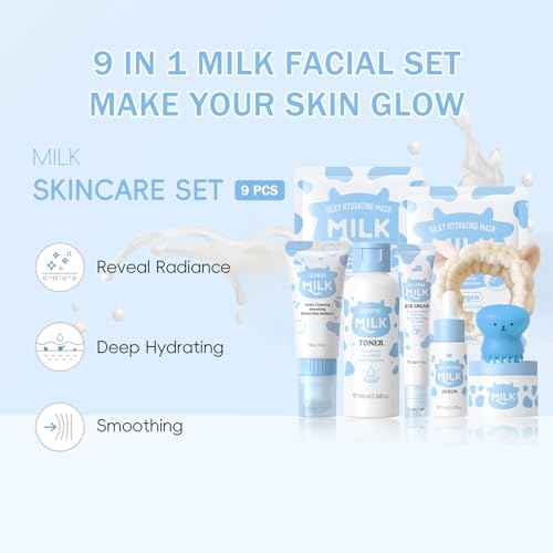 9PCS Milk Skin Care Sets for Women, Kids Skin Care Set for Girls Ages 8-12, Girls Skin Care for Kids Age 8-12, Cleanser,Serum,Cream,Eye Cream,Toner,Masks,Hairband,Brush, Gifts for Teenage girls