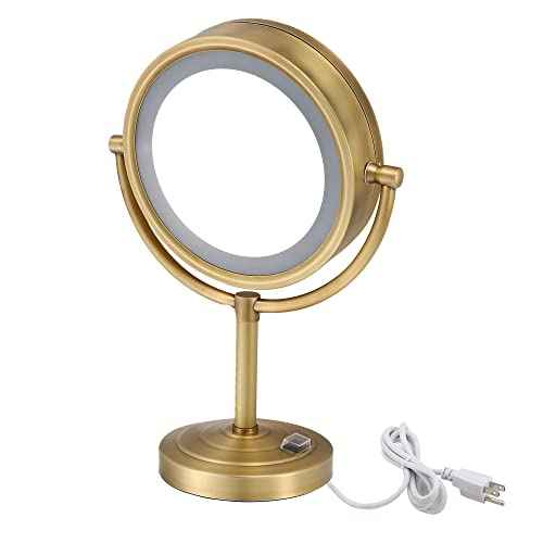 8.5 inch LED Makeup Mirror with 10X Magnification,has Three Colors Lights,Extendable Bathroom Mirror,Tabletop Two-Sided, Antique Brass Finish (Antique Brass, 10x Magnification)