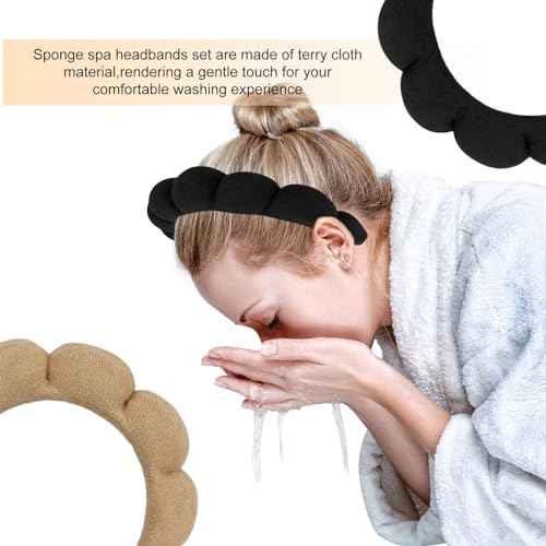 AMCAMI Puffy Spa Headband for Women Sponge Headbands for Girls 2 PCS Terry Towel Cloth Fabric Head Band for Skincare,Makeup Removal,Face Washing,Facial Mask,Shower,Hair Accessories£¨Black&Light Coffee£©