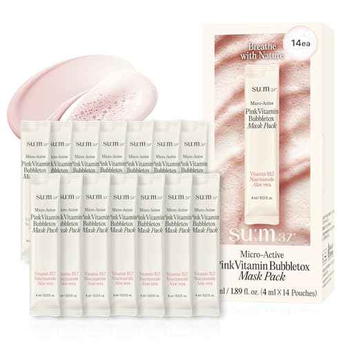 SU:M Micro-Active Pink Vitamin Bubbletox Mask Pack (0.13 fl oz x 14ea) - Korean Skincare ? Deep pore cleansing, hydration with Fermented Pink Vitamin 12, Hibiscus, Kaolin & Bentonite