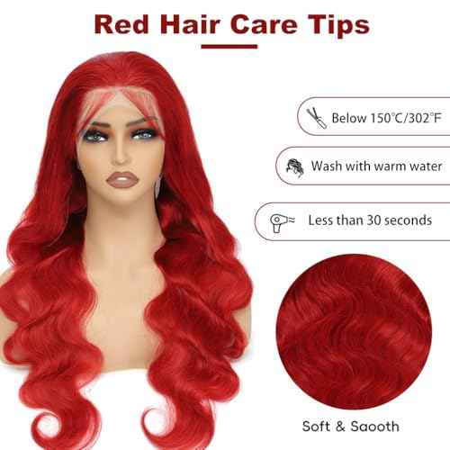 Red 13x6 Lace Front Wigs Human Hair Pre Plucked Body Wave Human Hair Wig Hot Red Lace Frontal Wigs For Black Women 180% Density 28 Inch