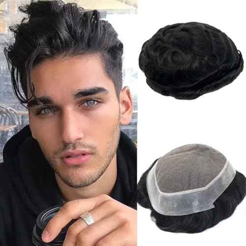 Toupee for Men PU Around+Lace Base Real European Human Hair Pieces for Mens Hair Prosthesis Patch Units Hair Replacement System for Men (6x9")