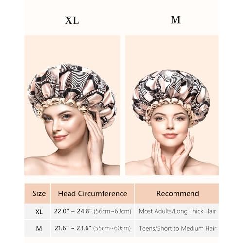 mikimini Champagne Large Shower Caps Pack of 2, Shower Cap for Women Long Hair with Black Lace, Reusable Waterproof Shower Hat for Girls