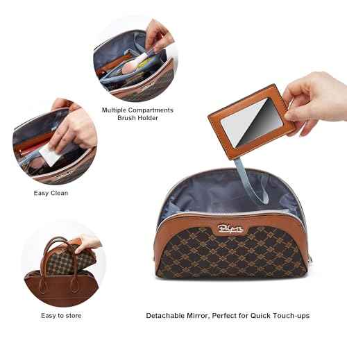 BOYATU Small Travel Makeup Bag for Women: Elegant Vegan Leather Cosmetic Pouch for Purse - Waterproof Toiletry Bag with Mirror(010-coffee)