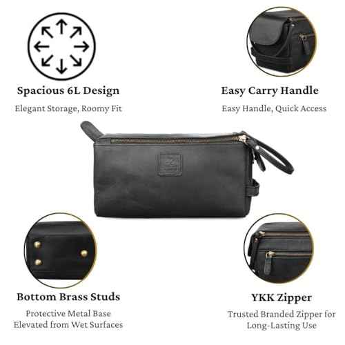 Genuine Leather Travel Toiletry Bag for Men & Women ? Unisex Water-Resistant Travel Dopp Kit, Shaving Organizer & Compact Bathroom Essentials - Midnight Black