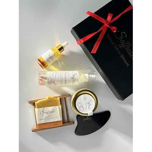 Handmade Saffron Skincare Gift Set, 5pc including Saffron Soap, Bamboo Soap Dish, Saffron Scrub, Saffron & Rose Facial Toner, Facial Oil, & Gua Sha