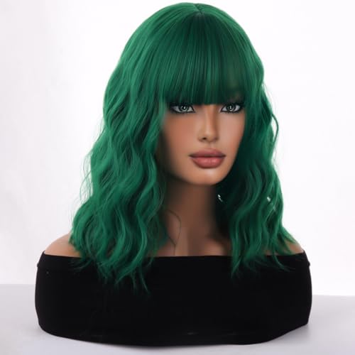 WTHCOS Green Wig Short Bob Wig Short Curly Wavy Wig With Bangs for Women Green Wig Heat Resistant Synthetic Hair Wigs for Daily Use Cosplay Wig With Wig Cap