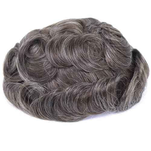 HAPPY&CC Grey Thin Skin Toupee for Men Hair Replacement Systems 8x10 Inch PU Poly Mens Toupee Human Hair Piece 430# Medium Brown with 30% Synthetic Gray