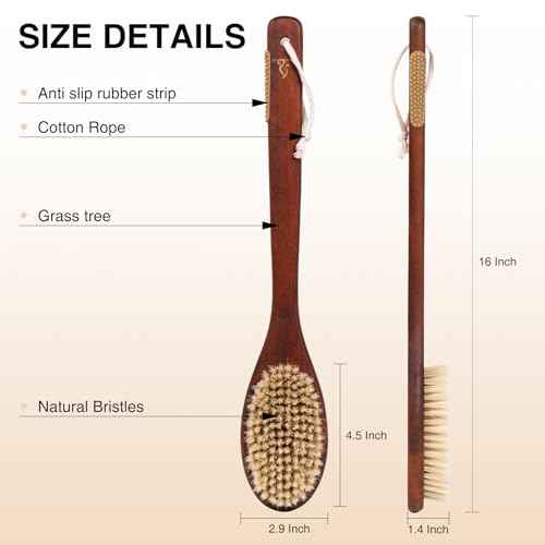Wooden Bath Brush with Stiff Sisal Bristles Long Handle for Shower Back Scrubber Body Exfoliator, with Hook for Hanging (Stiff Sisal Hair)