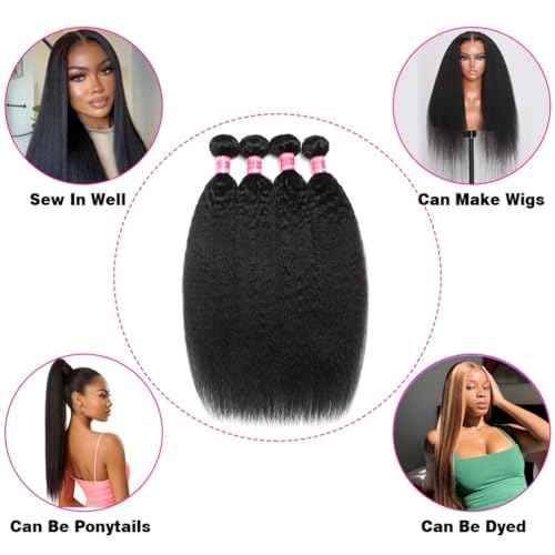 Borchan Kinky Straight Bundles Human Hair 4 Bundles 14 16 18 20 Inches 100% Unprocessed Brazilian Yaki Straight Hair Bundles Virgin Remy Kinky Curly Bundles for Black Women