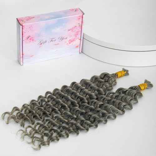 KRN Grey Deep Wave Bulk Human Braiding Hair 2 Bundles/Pack 100g Curly for Boho Braids 12A Salt And Pepper No Weft Wet and Wavy Gray 20 Inch