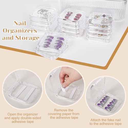 Press On Nail Organizer 14 PCS Clear Press On Nail Storage Boxes and 1 Big Storage box with 60 Pcs Adhesive Double Sided Tape,Press On Nail Packaging for Fake Nail Storage Nail Display Nail Salon.