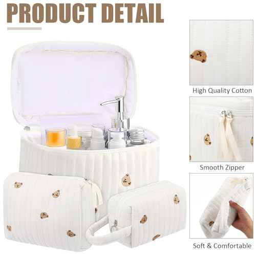 Paterr 3 Pieces Cotton Quilted Makeup Bag Set Coquette Cosmetic Bag Aesthetic Travel Toiletry pouch Cute Pouch Kawaii Aesthetic for Women(White,Little Bear)