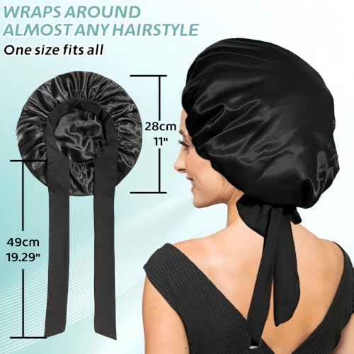 Silk Bonnet for Sleeping Women, Ajustable Hair Bonnet for Curly Hair with Tie Band Shower Caps Black£¬Large