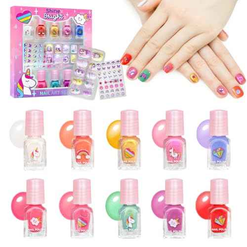 MU Unicorn Fantasy Kids Nail Polish Kit - 10 Water Based Polish Colors and Press On Nails, Quick Dry Peel Off Formula, Magical Unicorn Nail Polish Set for Girls, Birthday Party Gift Set