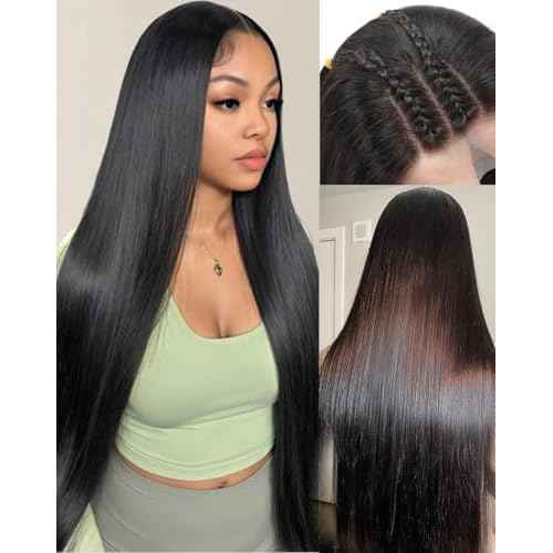 Sealusa Straight Wigs Human Hair 100 Percent Human Hair Wig 200% Density 13x6 Lace Front Wigs No Tangle Shedding Silky Soft Smooth Glueless HD Frontal Wigs Natural Black Invisilbe Hairline 24 Inch