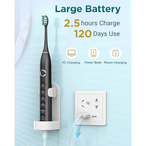 Rtauys S5 Upgraded Sonic Electric Toothbrush for Adults and Kids Ages 12+ with 8 Brush Heads, IPX7 Travel Toothbrush with Case, 2.5 Hours Charge for 120 Days, 5 Modes with Built-in Smart Timer Black