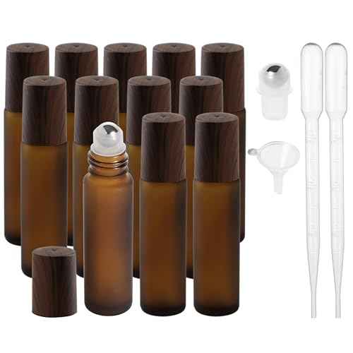 Essential Oil Roller Bottles, 10ml Thick Glass Perfume Roller Bottles with Funnel Opener and Dropper Amber Glass Empty Bottles with Stainless Steel Roller Balls (Amber, 12 Pack)