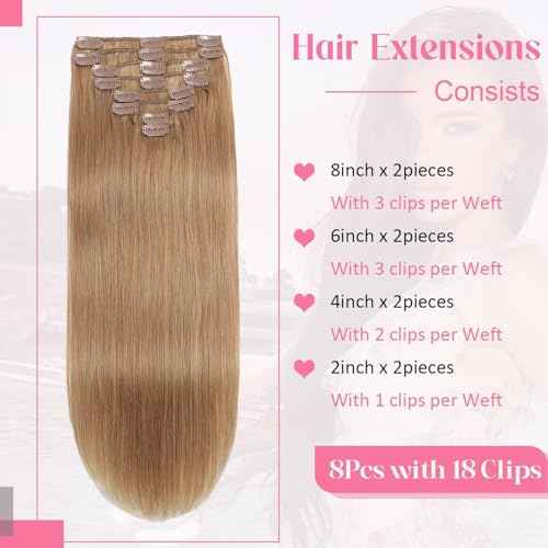 Clip in Hair Extensions Real Human Hair 4.3oz/120g Clip ins 100% Brazilian Remy Human Hair Extension for Women 8pcs Per Set with 18 Clips Double Weft (24 Inch #27 Honey Blonde)