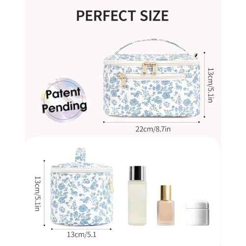 Wandering Nature Makeup Bag, Travel Make Up Organizer Cosmetic Brush Bags Case for Women in Quilted Fabric, Blue Flower, Patent Pending
