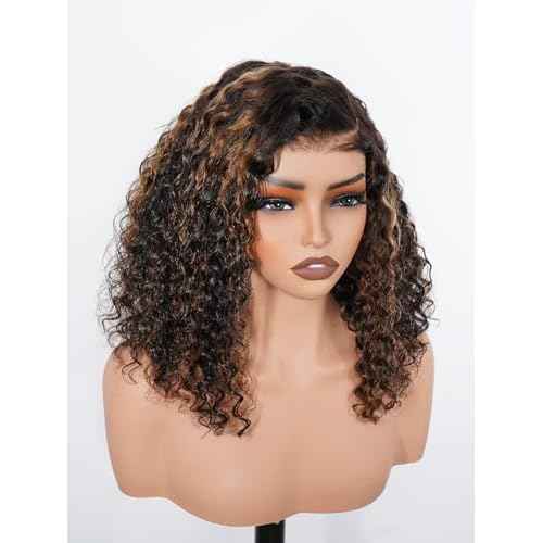 ISEE Hair Highlight Glueless Bob Wigs Human Hair Pre Plucked Pre Cut 2/30 Honey Blonde Curly Human Hair Wig for Black Women Ombre Water Wave 5x7 HD Lace Closure Wigs with Elastic Band 14 Inch