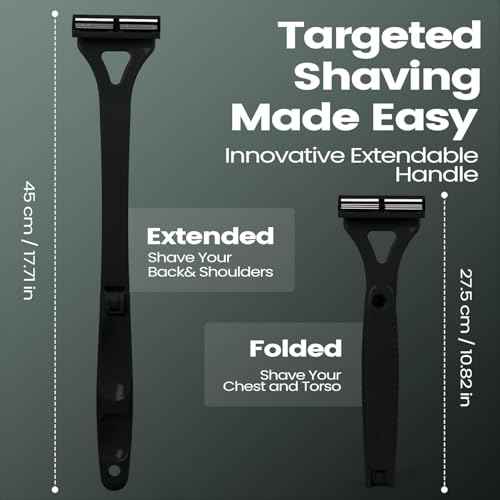 Back Shavers for Men with Foldable Long Ergonomic Handle: DIY Hair Shaver, Replaceable Safety Blade & Portable Razor Groomer for Men, Wet & Dry Shaving,Black (8PCS Blades Included)