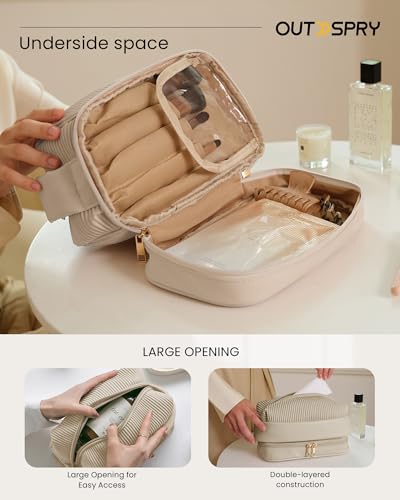 OutSpry Makeup Bag, Travel Cosmetic Bag [Cream Toast Bag] [Makeup Brush Compartment] Large Capacity Double Layer Vegan Leather Water-Resistant Toiletry Bag, Cream White