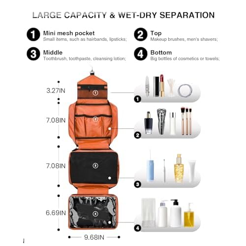 Travel Toiletry Bag for Women Men - Portable Large Hanging Organizer Makeup Bag for Cosmetic, Shampoo, Conditioner, Brushes Set, Cosmetic Travel Accessories Essentials, Orange