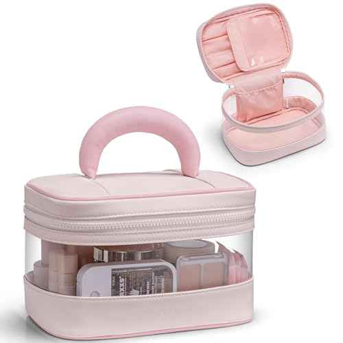 Vlando Travel Makeup Bag, Large Travel Toiletry Bag for Women Girl, Waterproof Cute Cosmetic Bag with Handle, Clear Make up Bag for Cosmetic, Brushes, Skincare-Apricot Pink