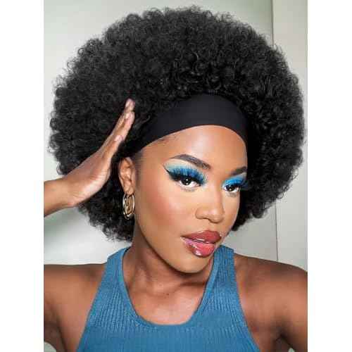 Quick Wig Afro Headband Wig Natural Black Short Afro Kinky Curly Wigs with Headbands Attached Glueless Synthetic Wear and Go for Black Women Fluffy Bouncy Afro Wigs for Daily Party