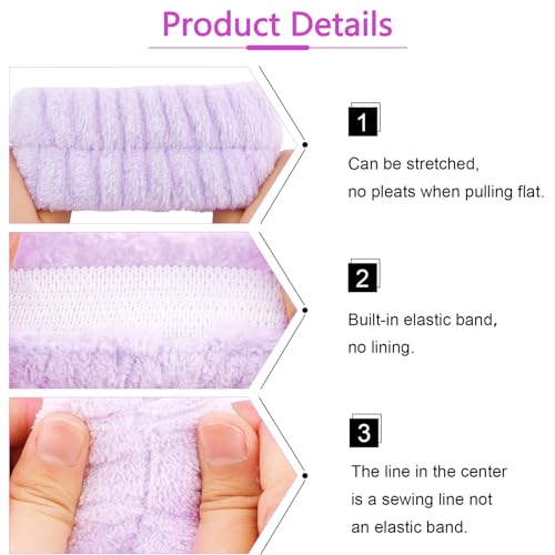VELSCRUN Spa Headbands for Wash Face, Makeup Headband, Facial Skincare Headbands, 5 Pcs Purple Puffy Sponge Spa Headband Bow Tie Hair Band Hair Clips Wristband Set Women Girls Accessories