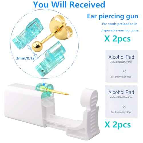 2 psc Ear Piercing Kit, Disposable ear piercing gun tool, pre-installed with gold 3mm pea earrings, at Home Self Piercing Kit (Little golden ball)