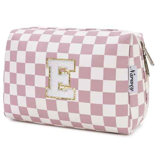 Narwey Birthday Gifts for Teen Girls Kids Women Personalized Initial Checkered Makeup Bag Pink Monogram Cosmetic Bag Trendy Stuff 6 8 10 11 12 13 14 16 18 Years Old Travel Toiletry Bag (Dusty Rose J)