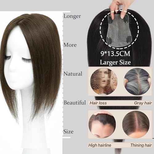 Hair Toppers for Women Real Human Hair, 360¡Æ 3D Human Hair Toppers for Women with Thinning Hair Upgrade Middle Part Clip in Bangs (Medium Brown, 14 Inch-3D-Side)