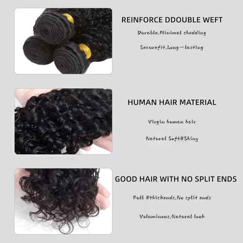 Water Wave Human Hair Bundles 12 14 16 Inch Black 3 Bundles Deals for Black Women Virgin Human Hair 12A Double Weft Quick Brazilian Hair Weave