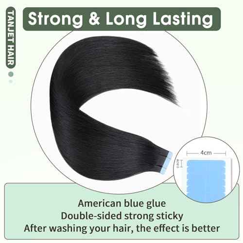 Tape-in Hair Extensions - 20 Inch Straight Jet Black Remy Hair - Invisible Skin Weft, Seamless Human Hair Extensions (#1 20 Inch 50g/Pack 20Pcs)