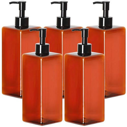Youngever 5 Pack 16 Ounce Plastic Pump Bottles, Refillable Square Plastic Pump Bottles for Dispensing Lotions, Shampoos and More (Amber)
