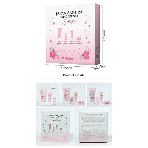 Travel Skincare Kit (4PC) - JAPAN SAKURA Gentle Daily Routine Set for Teen Girls & Women, Includes Hydrating Cleanser, Anti-Aging Serum, Essence & Eye Cream, Sensitive Skin & Holiday Gift