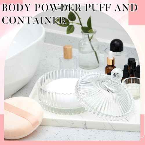 Tioncy 3 Pcs Extra Large Body Powder Puff and Container 5.43'' Glass Body Container with 5.12'' Powder Puff Glass Jar for Women's Talcum(Clear)