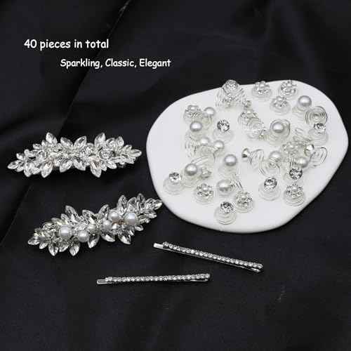 40 Pieces Rhinesetones Hair Clips, Include 4 Piece Crystal Hair Pins and 36 Pieces Spiral Hair Gems, Swirl Diamond Pearl Hairpins Flower Sparkling Hair Accessories for Wedding,brides, Party, Prom